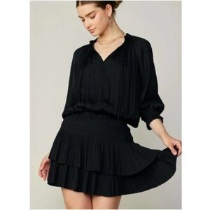 Current Air Dress Aurelie Mini Pleated Ruffle Long Sleeve in Black